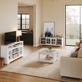 LINSY HOME Coffee Table, 31.5" Square Coffee Table with Glass Tabletop, Open Display Area and Storage Drawer, Modern Farmhouse Center Table for Living Room, White LINSY HOME