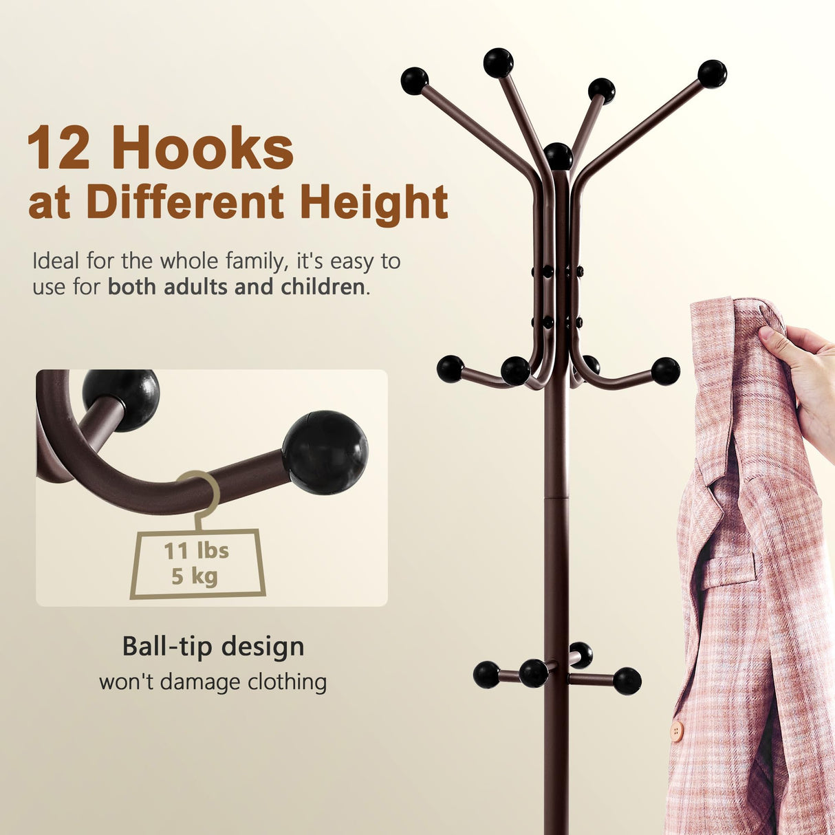 Hoctieon Coat Rack Freestanding, Coat Tree with Umbrella Holder, Metal Coat Rack Stand with 12 Hooks, Standing Coat Hanger Stand, Umbrella Stand for Entryway, Hat Rack Stand for Home Office, Brown Hoctieon