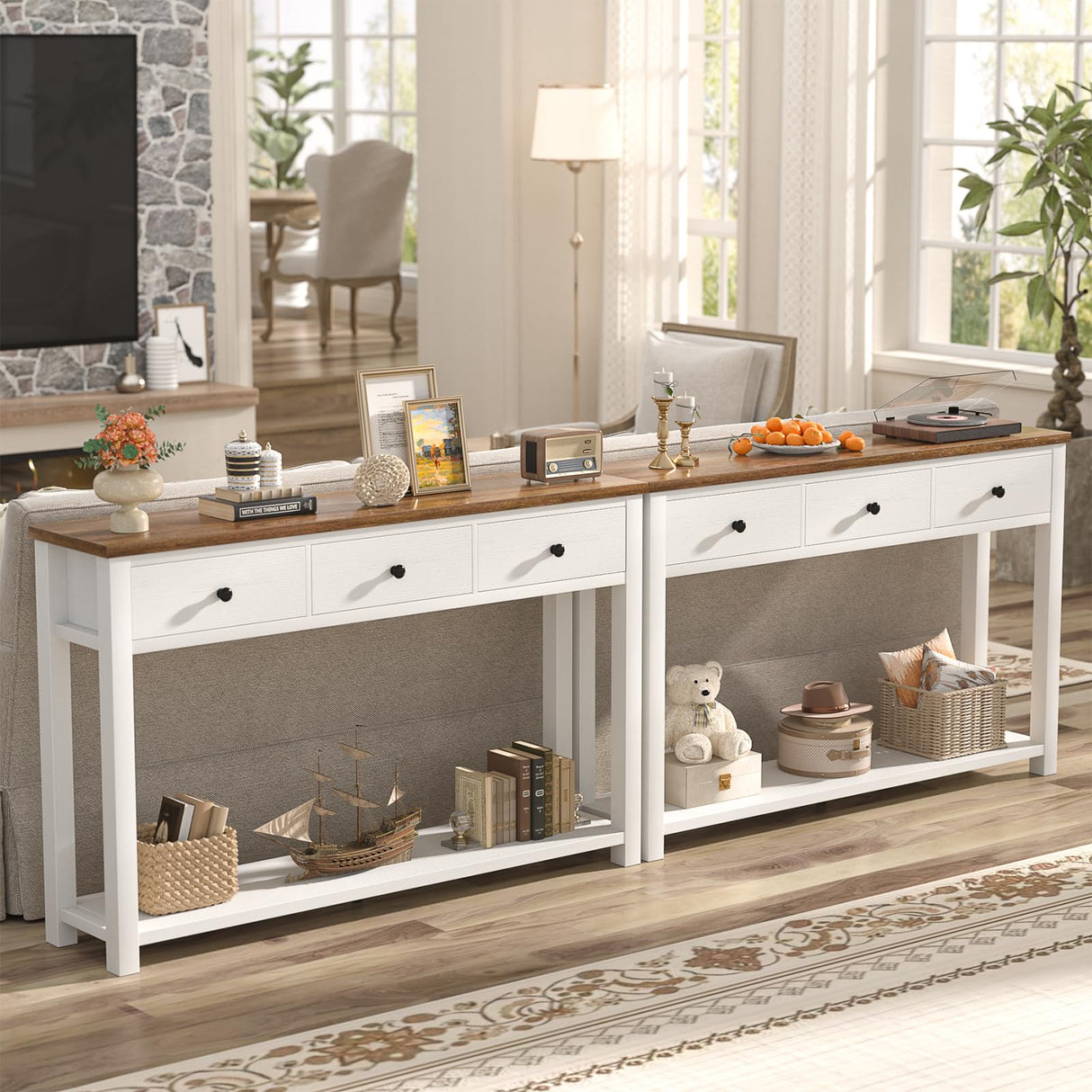 Homieasy Farmhouse Console Table with 3 Drawers, 47 Inch Wood Sofa Table with Storage Shelf for Living Room, Behind Couch, Entryway Table for Hallway, Living Room, or Foyer, Rustic Brown and White Homieasy