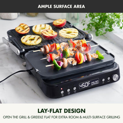 GreenPan 6-in-1 Multifunction Contact Grill & Griddle, Healthy Ceramic Nonstick Reversible Grill & Griddle Plates, Dual Heat Settings, Closed Panini Press, Open Flat Surface, PFAS-Free, Matte Black