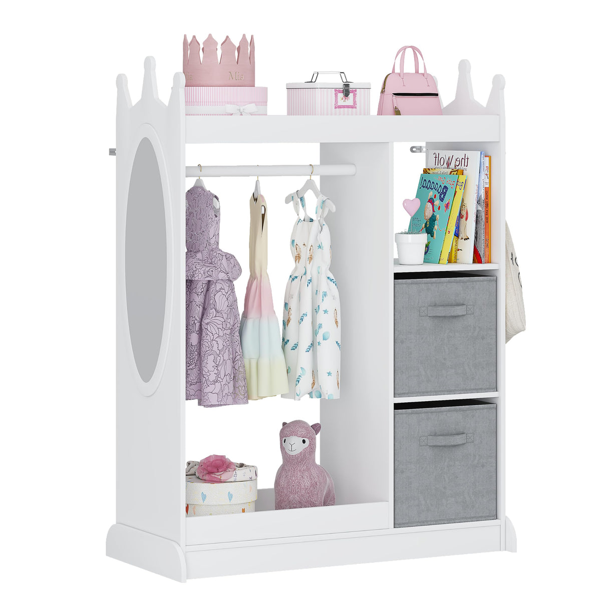UTEX Kids Play Armoire with Mirror, Storage Bins and Closet for Dress Up and Costumes (White) UTEX
