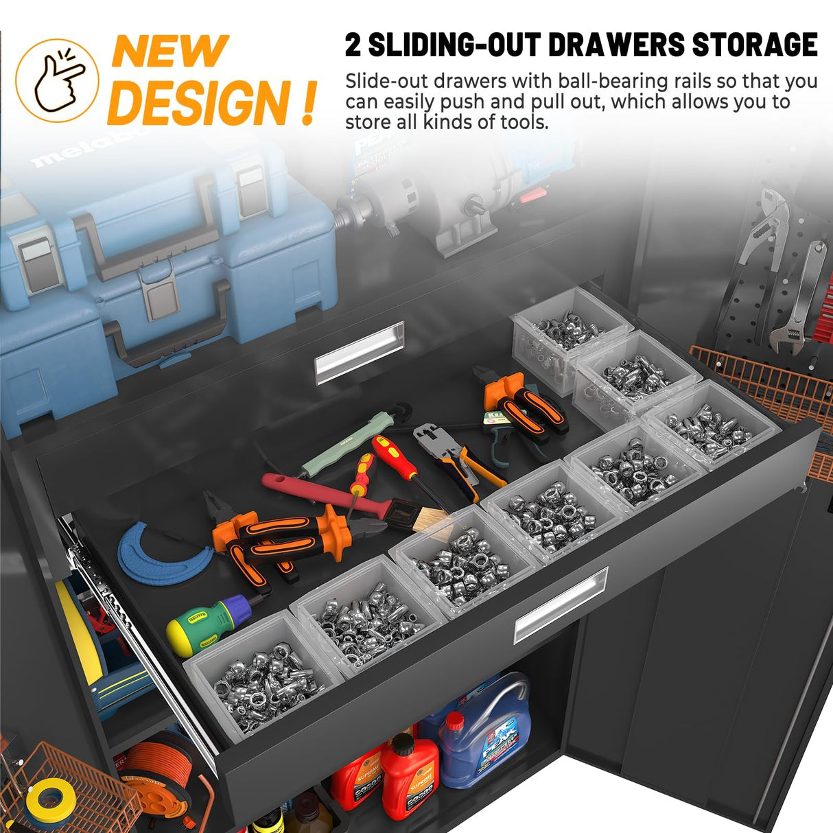 Metal Storage Cabinet with Doors & Adjustable Shelves, 72 Inch Black Lockable Garage Cabinet with Wheels & Drawers & Pegboard for Office, Gym, Basement, Warehouse basenji