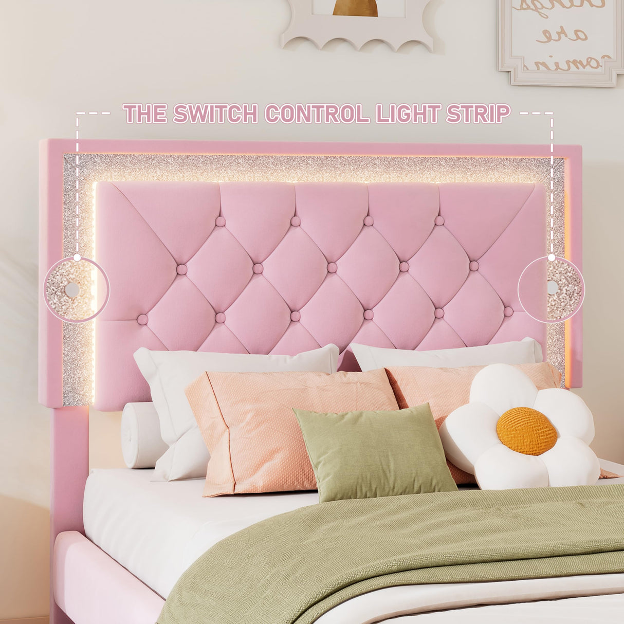 Harper & Bright Designs Velvet Twin Size Bed Frame with LED Lights, Modern Upholstered Twin Platform Bed with Tufted Headboard for Kids,Teens,Girls Boys,No Box Spring Needed,Pink Harper & Bright Designs
