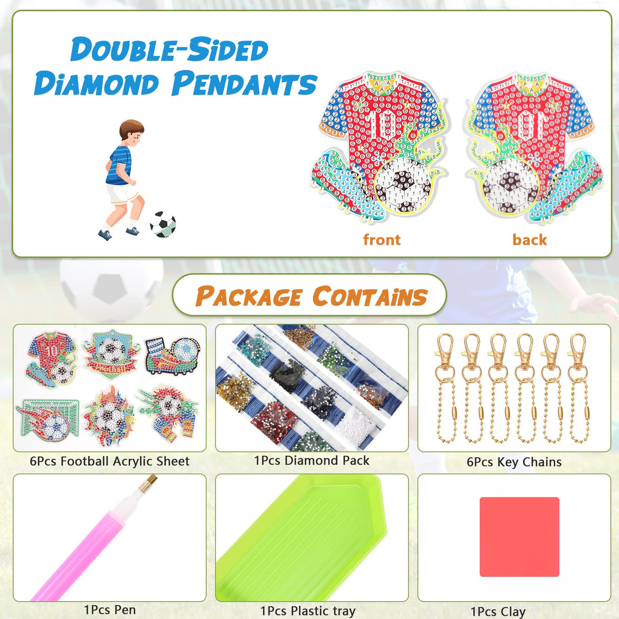 JSRQT 5D DIY Football Diamond Art Painting Keyrings Kit, Double-Sided Diamond Pasted Painting Keychians for Adult Kids, Rhinestone Mosaic Craft Painting Pendant for Handbag Backpack Party Decoration JSRQT