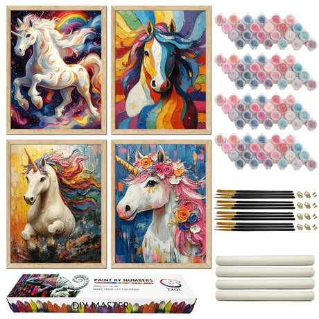 ZXQL 4 Pack Unicorn Paint by Numbers Kit for Adults Beginners, 12" Wx16 L Horse Paint by Numbers for Adults Rolled up Canvas for Painting Home Decor Creative Wall Art with Nice Gift Box ZXQL