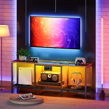 HOOBRO TV Stand with Charging Station to 55 Inches, LED Entertainment Center, Media TV Console Table with Open Storage Shelving for Living Room, Bedroom, Rustic Brown and Black BF122UDDS01 HOOBRO