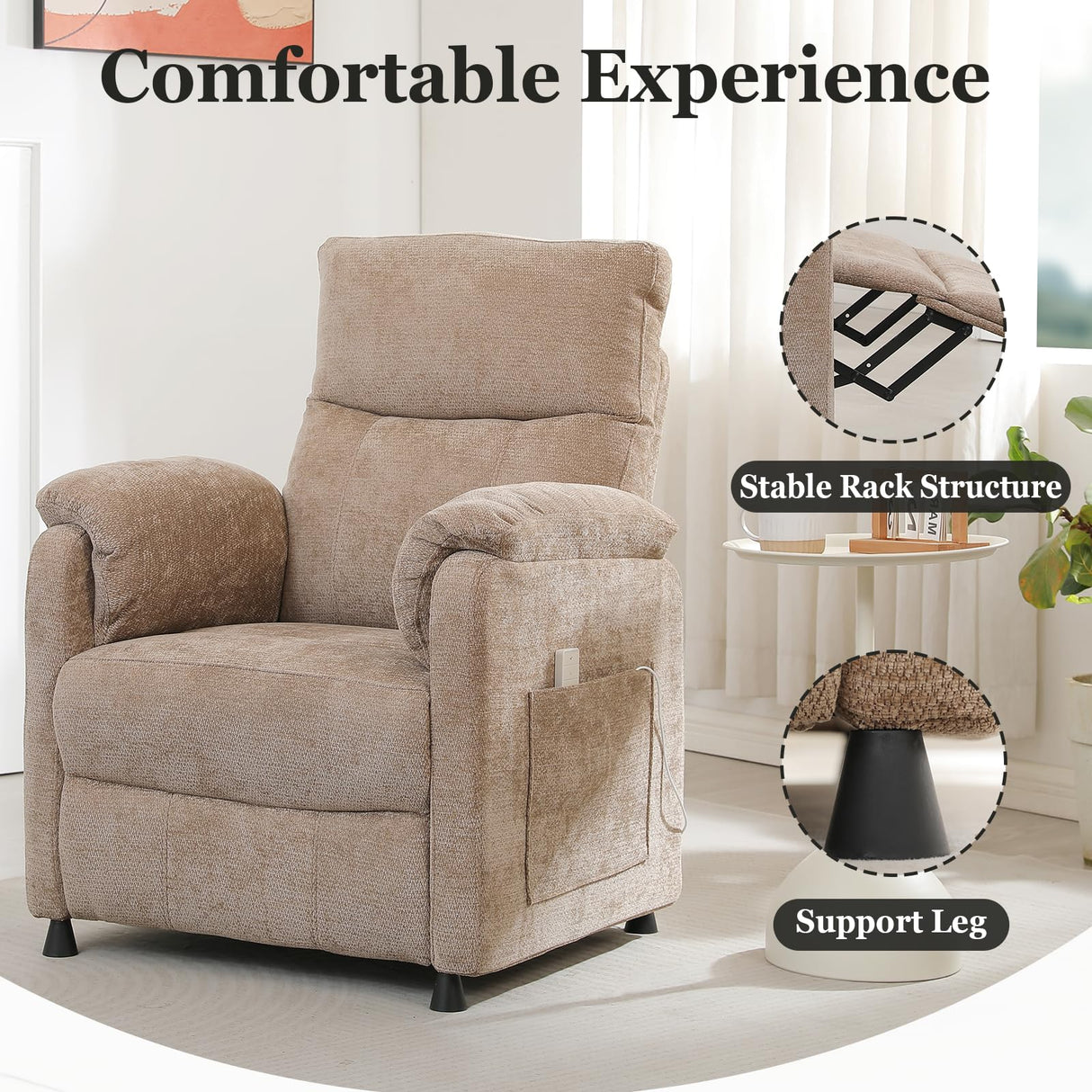 Chenille Power Recliner Chair for Living Room Bedroom|Electric|Remote Control|Side Pockets|Small|Adults (Brown) Anwick