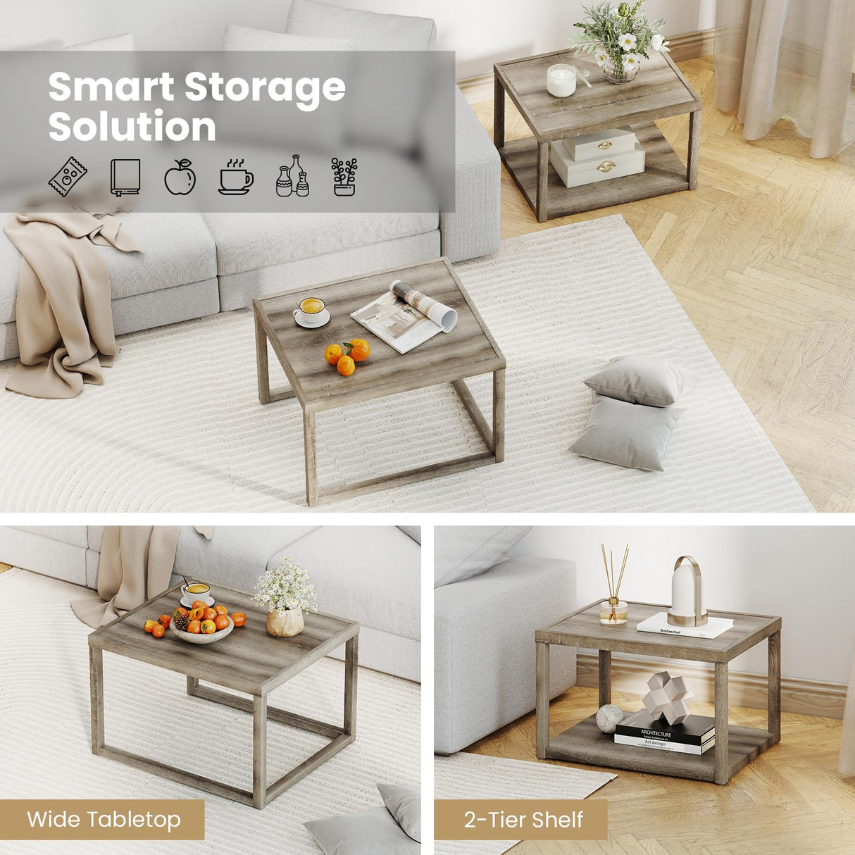 Giantex Nesting Coffee Table Set of 2, Stackable 2-Tier End Tables with Storage Shelf, Rubber Wood Frame, Farmhouse Nesting Tables for Living Room Bedroom Small Space, Grey Oak Giantex