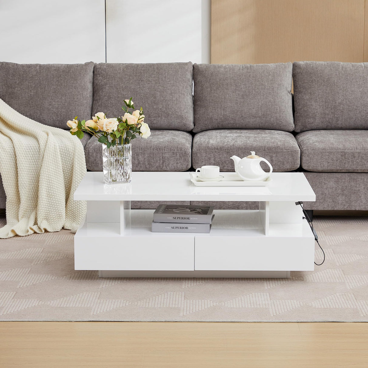 Tltaroni LED Coffee Table, Modern High Glossy Coffee Table with 4 Drawers and Open Display Shelf Wood Rectangle Center Tables with Storage for Living Room, White Tltaroni