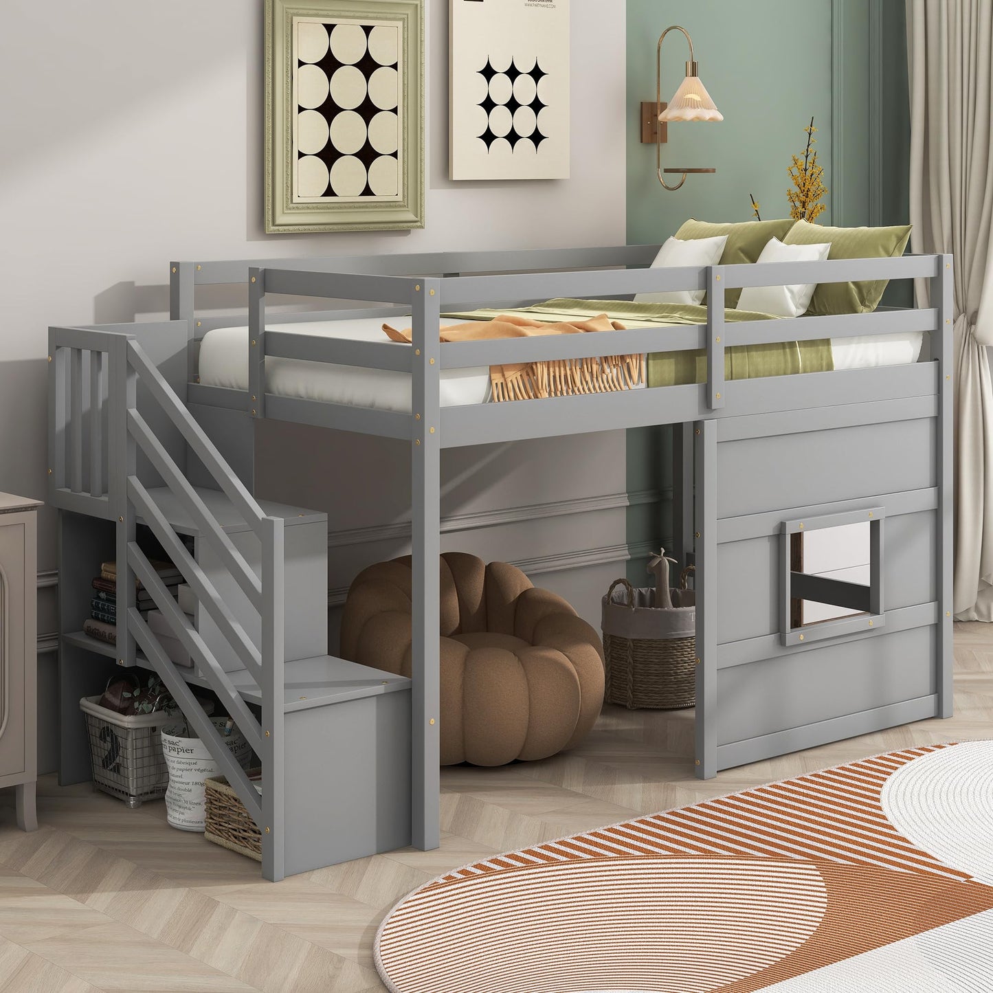 Favfurish Twin Size Grey Loft Bed with Storage Staircase and Playful Window Design - WoodArtSupply