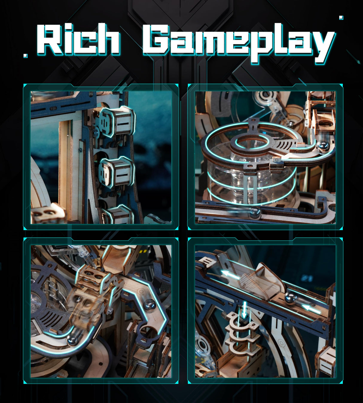 ROBOTIME Motorised Wooden Puzzles for Adults - 3D Puzzles for Adults LGC01 Marble Spaceport - Wooden Marble Run Model to Build - Space/STEM/Engineering Gift ROBOTIME