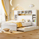Queen Storage Bed with Bookcase Headboard, Queen Size Platform Bed with Trundle and 2 Storage Drawers, Solid Wood Queen Size Bed Frame with Cabinet and Shelf, No Box Spring Needed (White) Harper & Bright Designs