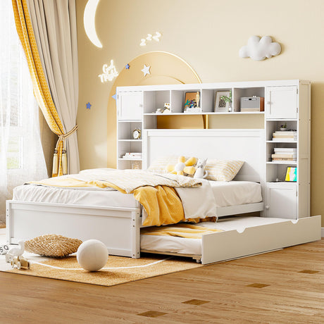 Queen Storage Bed with Bookcase Headboard, Queen Size Platform Bed with Trundle and 2 Storage Drawers, Solid Wood Queen Size Bed Frame with Cabinet and Shelf, No Box Spring Needed (White) Harper & Bright Designs