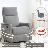 Curtainboro Swivel Rocker Recliner Chair with Heat and Massage, 360° Swivel Recliner Upholstered Fabric Nursery Glider with Side Pocket for Living Room, Bedroom, Home Theater Grey Curtainboro