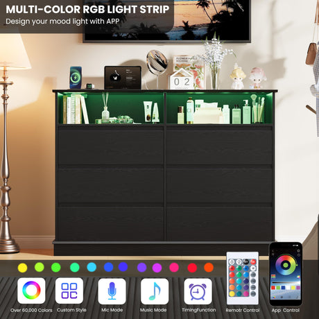 GarveeHome Dresser for Bedroom, 6 Drawer Dresser with LED Lights and Charging Station, Wide Chest of 6 Drawers with Open Space, Modern Large Capacity Storage Cabinet, Living Room, Hallway, Black GarveeHome