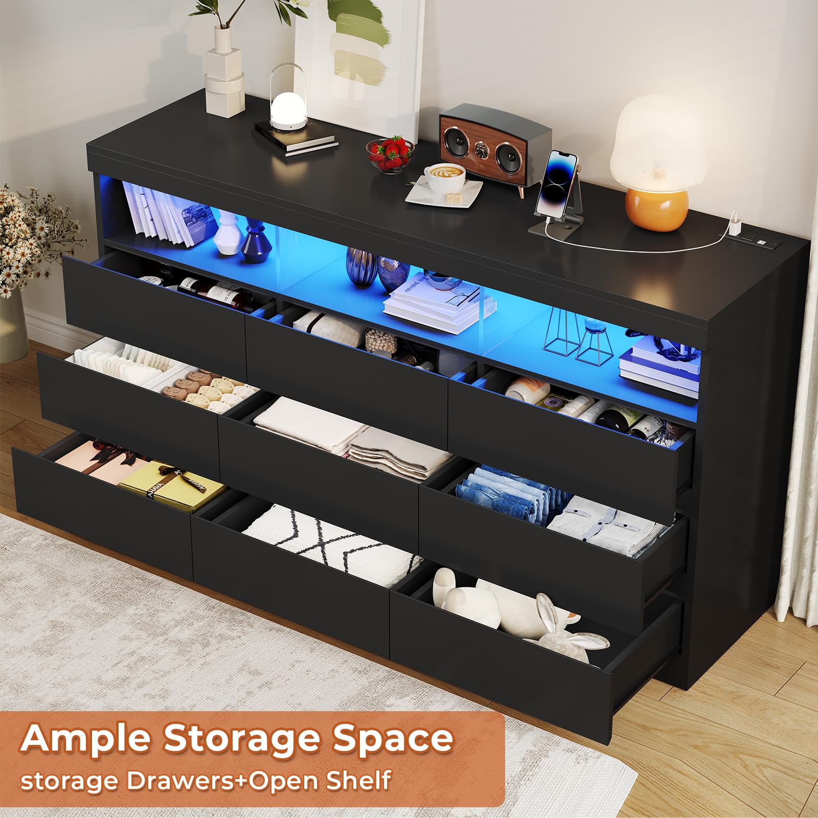 HAUOMS Black Dresser for Bedroom with LED Lights, Large Chest of Drawers Handle Free, Modern Long Dresser with 9 Drawers & Charging Station,for Living Room,Cloakroom,Entryway - WoodArtSupply