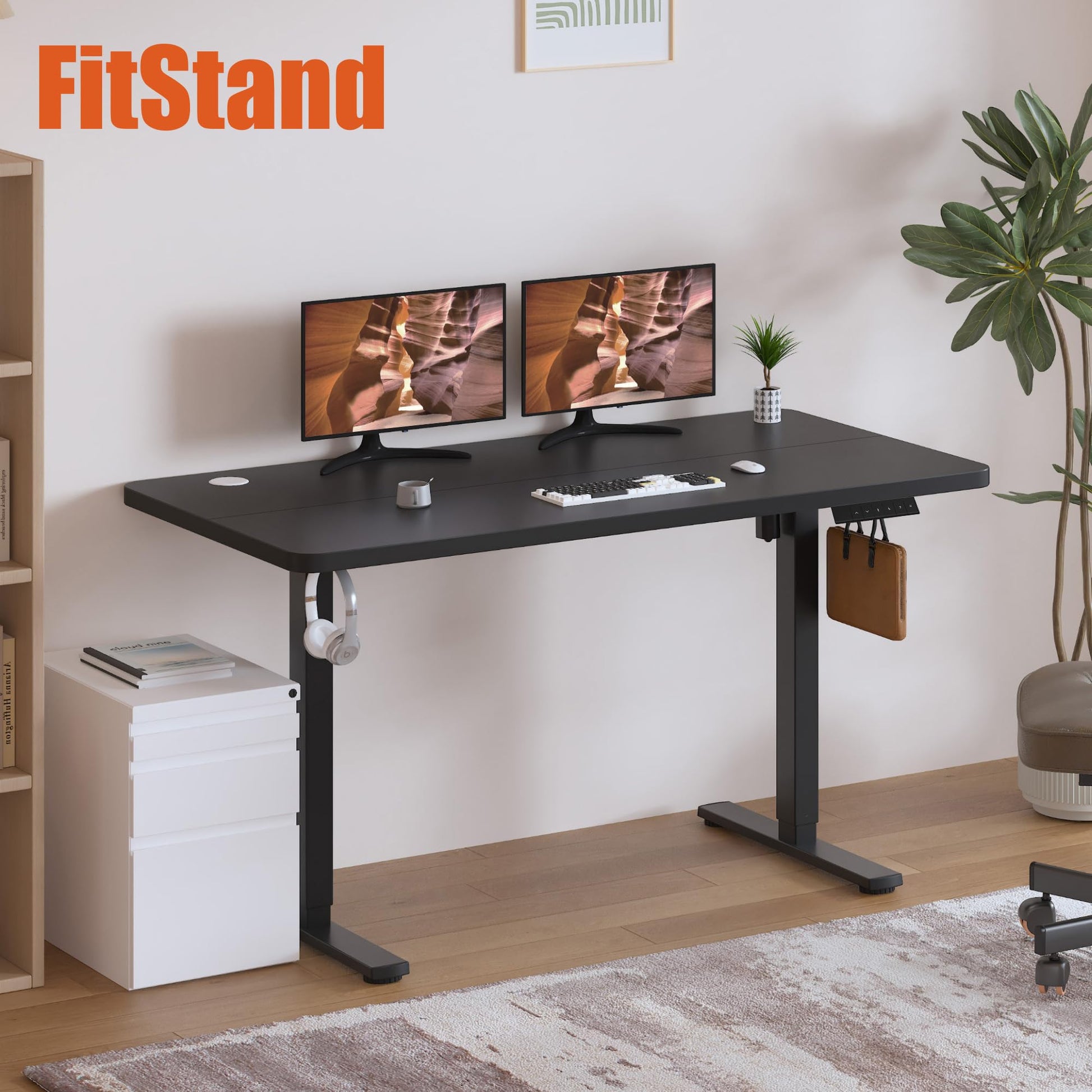 FitStand Adjustable Stand Up Desk with Memory Preset, Standing Desk 55 x 24 Inch Electric Stand Up Desk Home Office Desk Computer Workstation Sit Stand Desk, Splice Black Top + Black Frame - WoodArtSupply