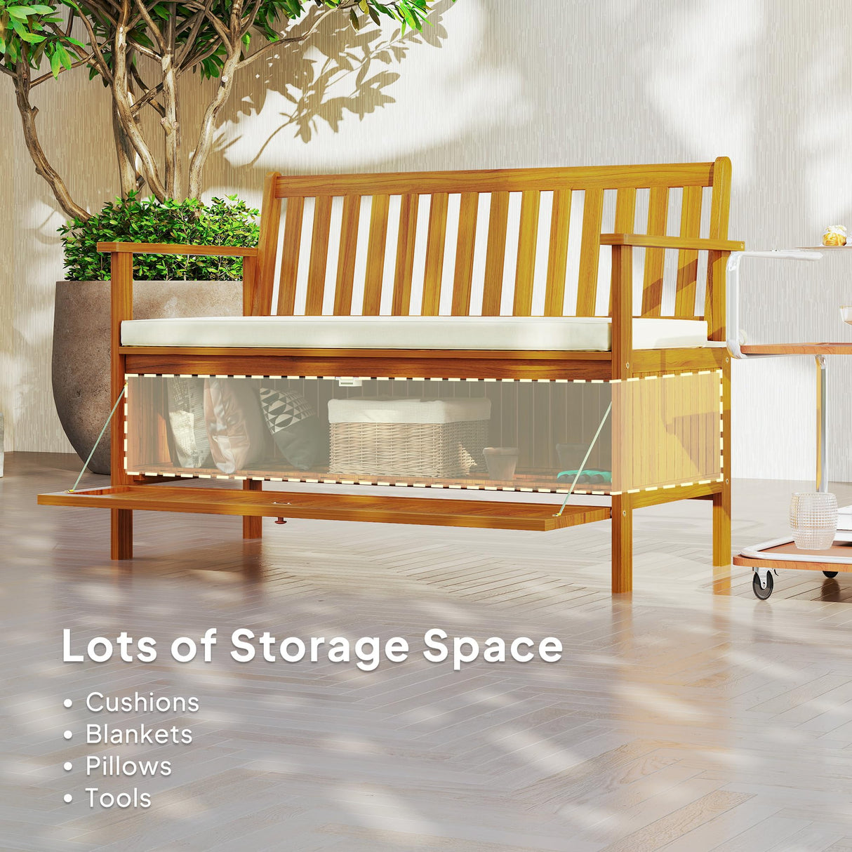 Outsunny Outdoor Bench with Storage Box, 28 Gallon Outdoor Storage Bench, Acacia Wood Garden Seat with Cushion, 2 Seater Patio Furniture for Park, Balcony, Teak Outsunny