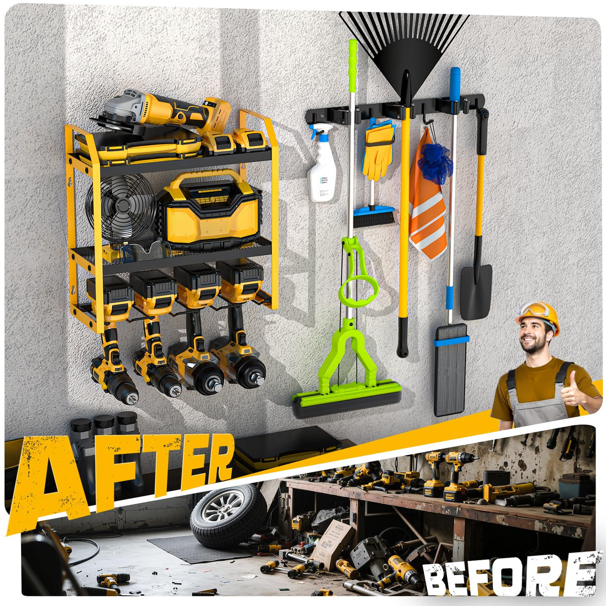 Ferreteriai Power Tool Organizer Wall Mount with Broom Holder Combo, Yellow & Black 3-Tier Garage Storage Rack with Battery Storage, 4 Drill Holder Slots, Heavy Duty Steel 150LB Capacity Ferreteriai