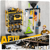 Ferreteriai Power Tool Organizer Wall Mount with Broom Holder Combo, Yellow & Black 3-Tier Garage Storage Rack with Battery Storage, 4 Drill Holder Slots, Heavy Duty Steel 150LB Capacity Ferreteriai