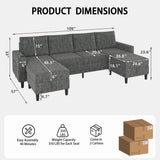 HYZQ Sectional Couches for Living Room, 4 Seat Linen Sectional Sofa with Reversible Chaise Lounge/Storage Ottoman, U Shaped Couch with Smart Module-Wireless Charging/USB/Type-C/RGB Light (Dark Grey) HYZQ