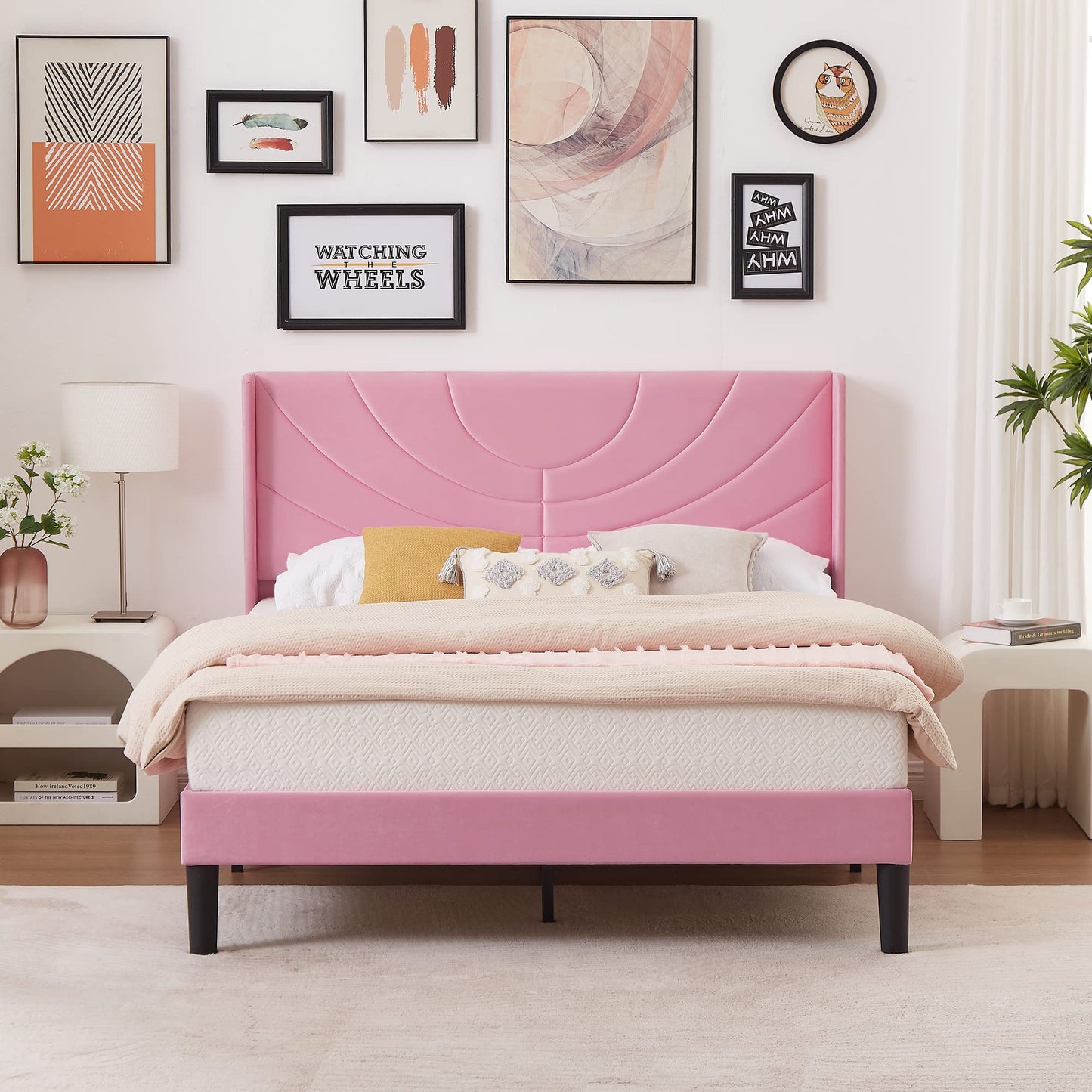 VECELO Queen Size Upholstered Platform Bed Frame with Fabric Headboard,Wooden Slats Support/No Box Spring Needed/Mattress Foundation/Easy Assembly,Pink