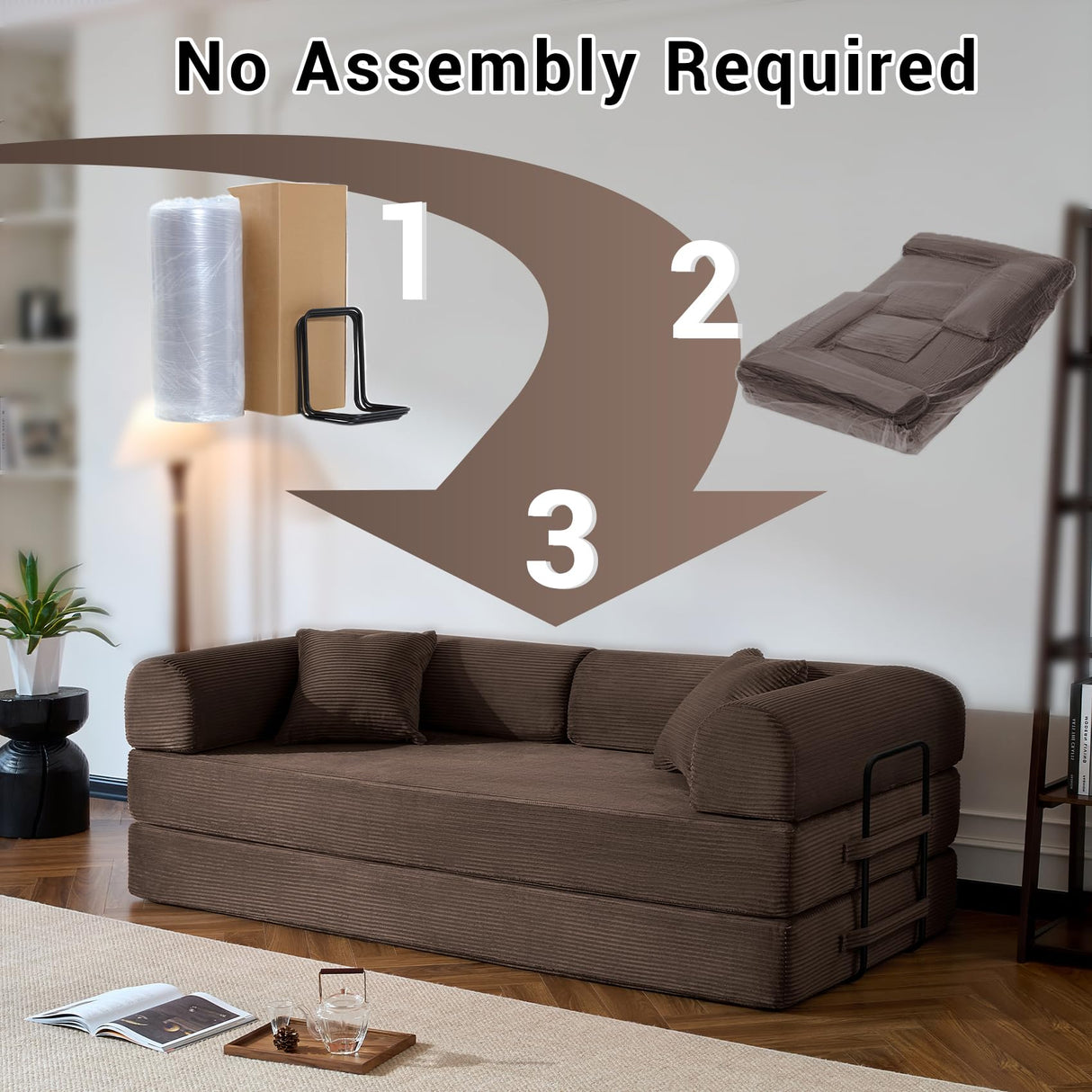 NNQ Compressed Sofa - Convertible Sofa Bed, Corduroy Compression Boneless Couch in a Box, Comfy Modular Foldable Floor Sleeper Sofa for Bedroom, Living Room (Corduroy Fabric, Brown) NNQ