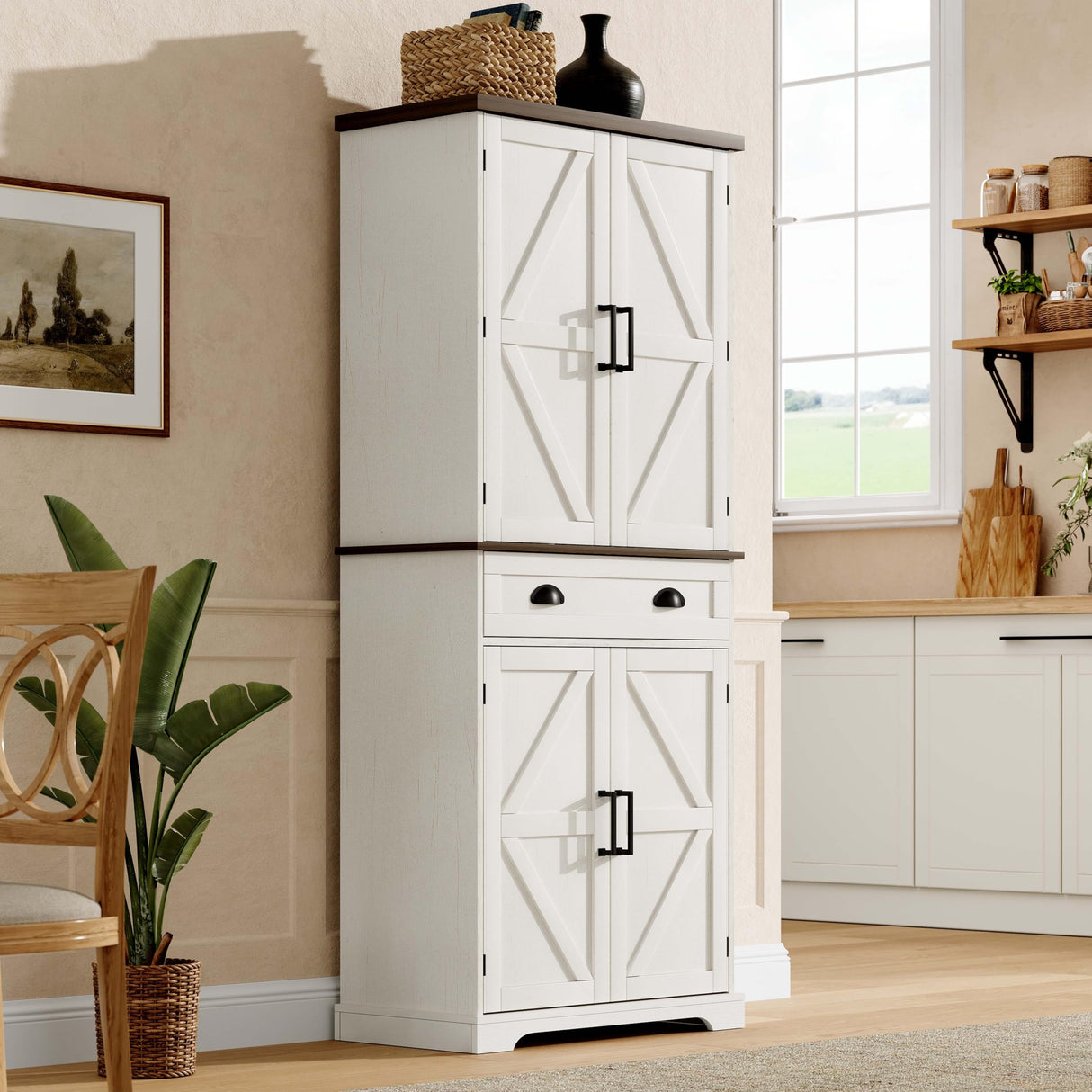ChooChoo Farmhouse Kitchen Pantry Cabinet with Drawer, Tall Storage Cabinet with Door Shelves and Adjustable Shelves, Freestanding Cupboard for Kitchen, Dining Room, Antique White & Brown ChooChoo