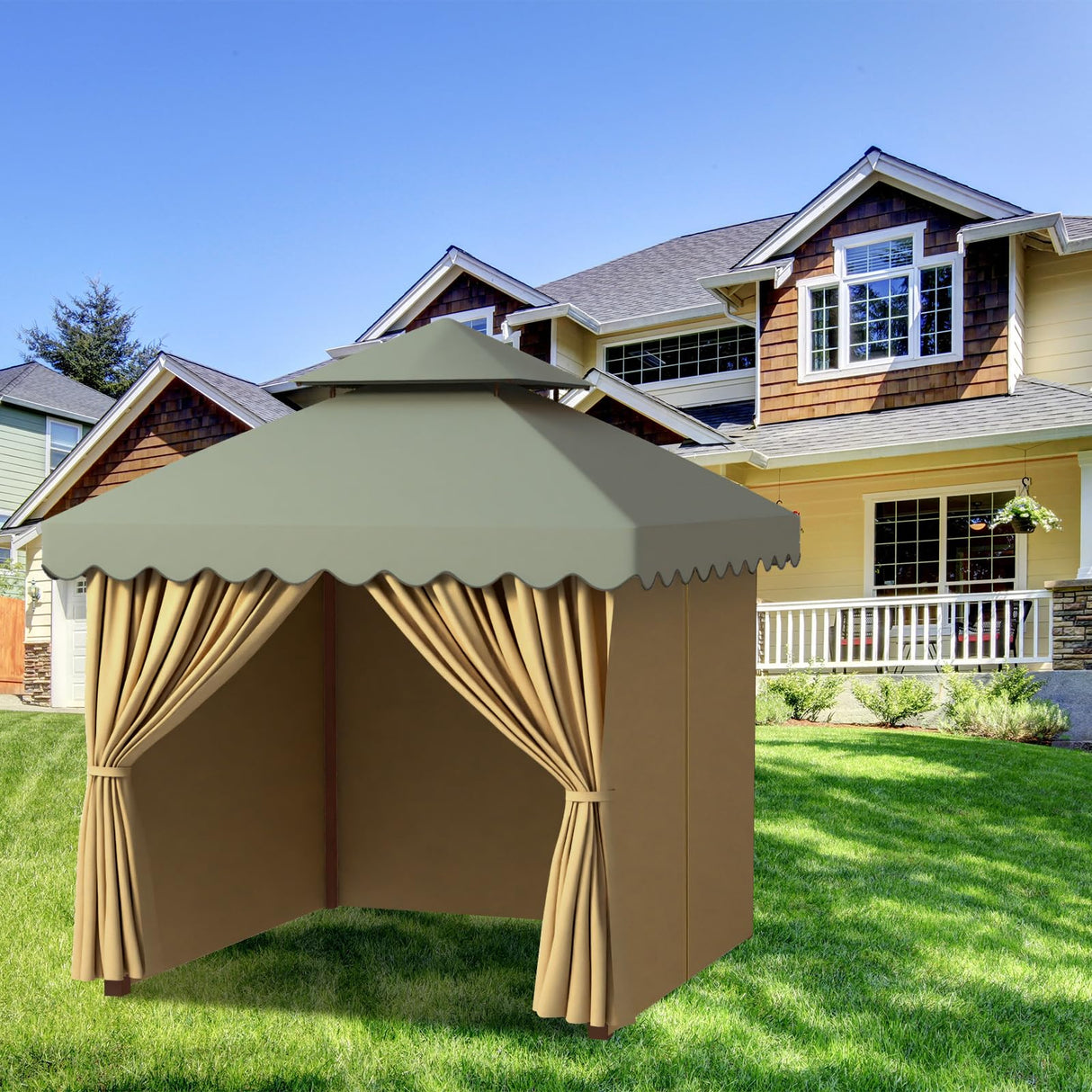 PLULON Gazebo Curtains Outdoor Waterproof, 10' x 10' Universal Replacement Privacy Curtains 4-Panels Curtain Side Wall with Zipper for Patio Yard Garden (Curtain Only) PLULON