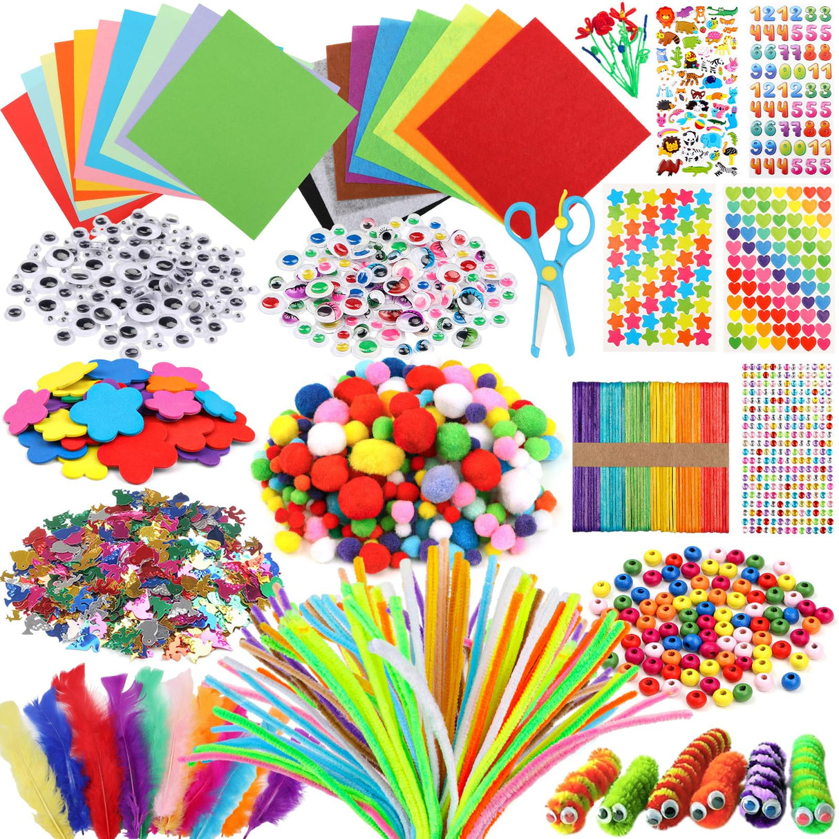 DOITEM Pipe Cleaners Craft Supplies, 1500+Pcs Arts and Crafts Supplies Including Pipe Cleaner Wiggle Googly Eyes Pom Poms Feathers Sticks Sequins Foam Flowers Papers Felt Stickers DOITEM