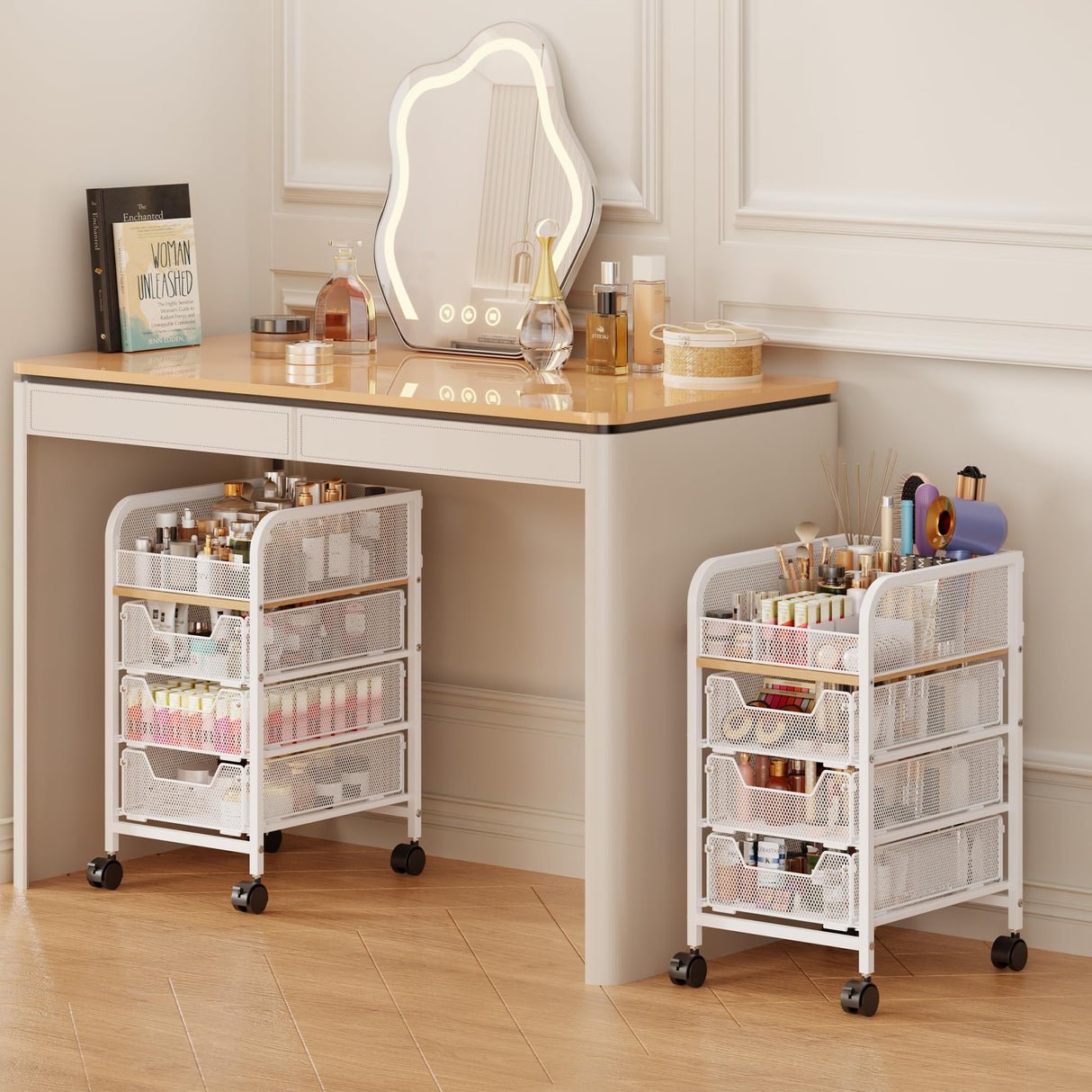 Rolling Makeup Cart Organizer with 3 Drawers, 4-Tier Narrow Floor Skincare Organizers with dividers, Vanity Organizer Cosmetics Display Cases for Makeup Brush, Hair Tool, White Jakyitvi