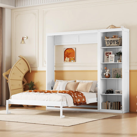 Merax Full Size Murphy Bed Wall Bed with Storage Shelves, Multifunctional Foldable Platform Bed Frame, Fold into The Wall, Space-Saving Design Bed for Guest-Room, Home, Office, White Merax