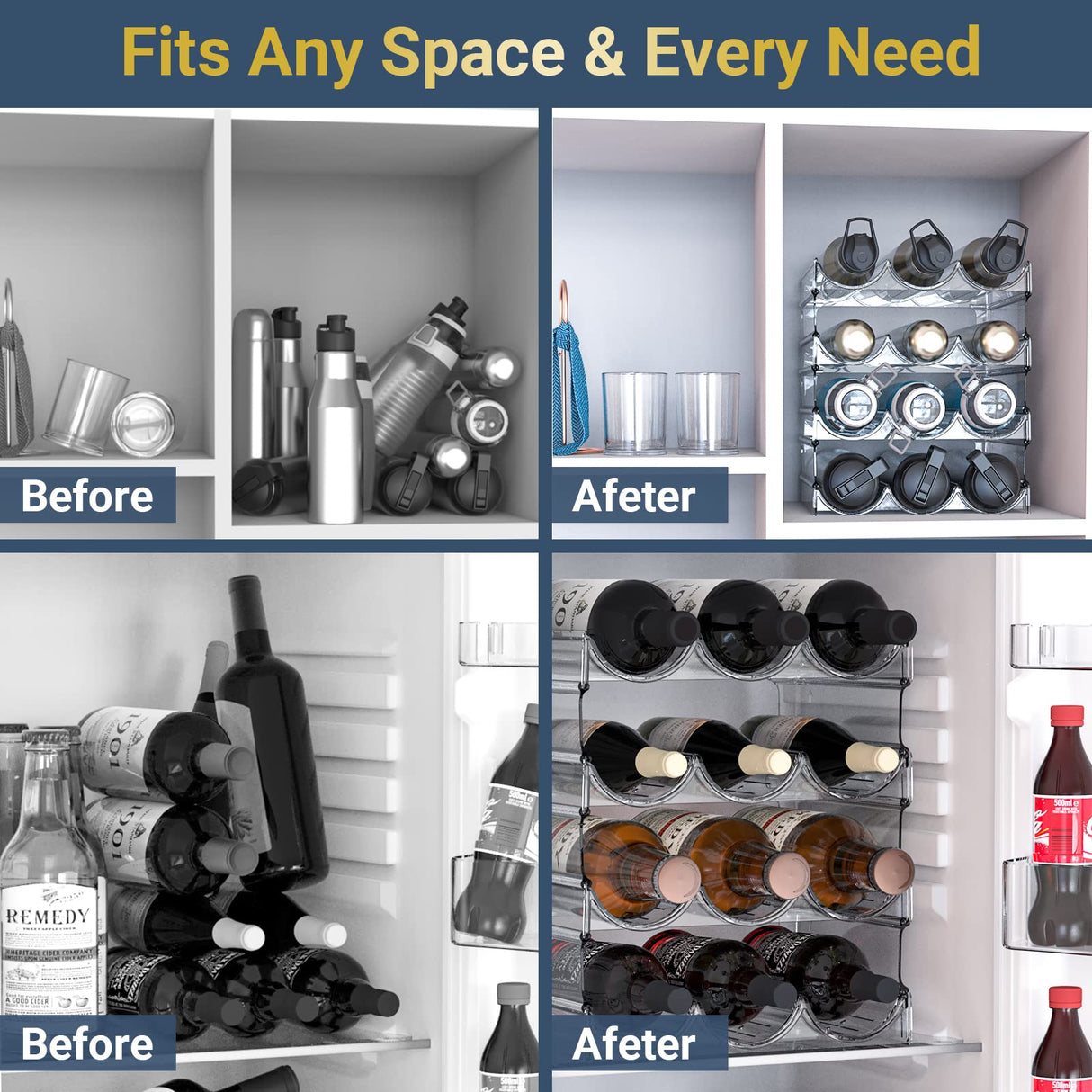 Plastic Water Bottle Organizer and Wine Rack Storage Holder,4 Tier 12 Containers Stackable Free-Standing Bottle Storage Rack for Kitchen Countertops, Table Top, Pantry, Bars, Cabinets, Fridge - Clear Benaep