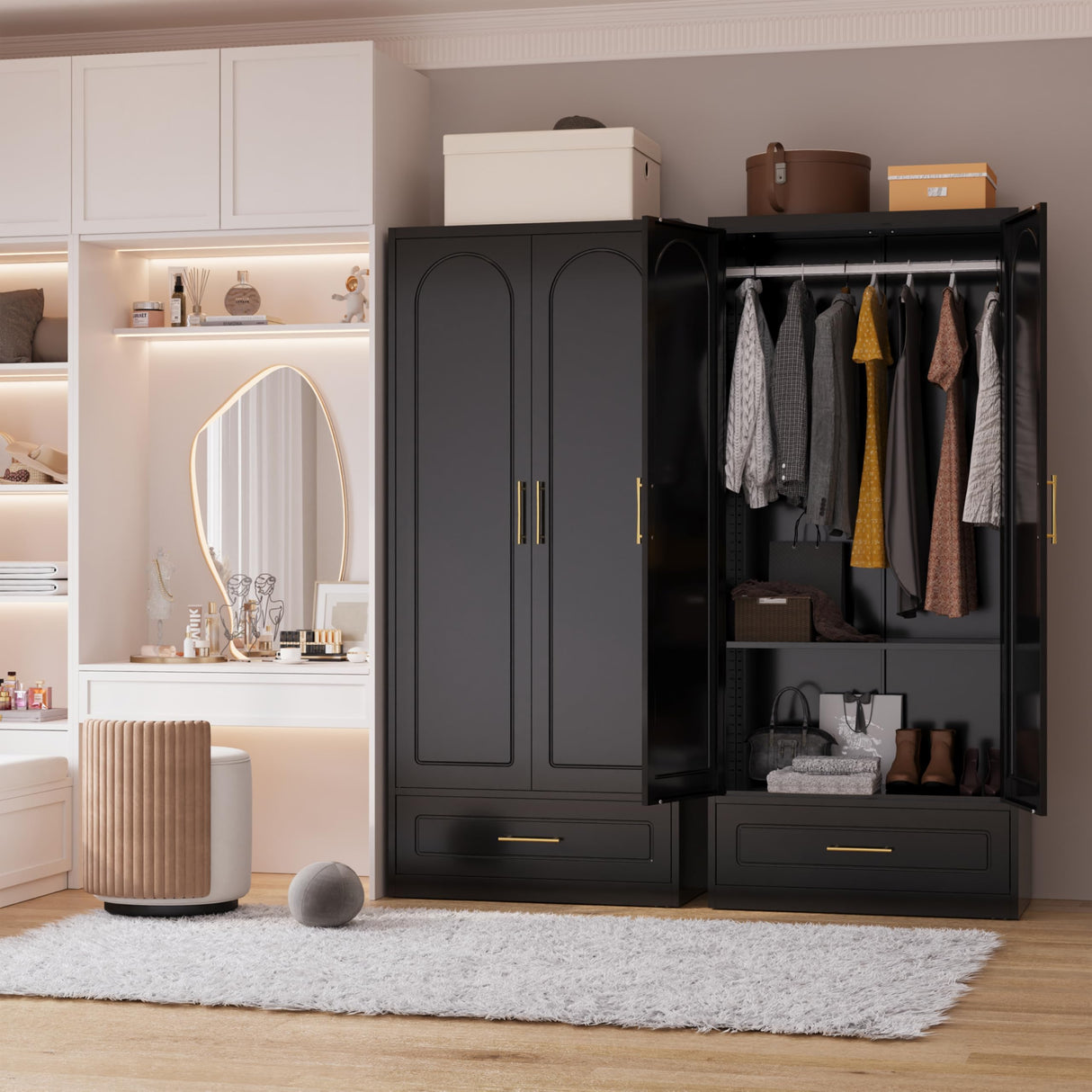 Polup Metal Armoire Wardrobe Closet with Drawer, 71“ Tall Freestanding Wardrobe Cabinet with Doors and Shelves, Large Armoire with Hanging Rod, Clothes Cabinets for Bedroom, Black, Assembly Required Polup