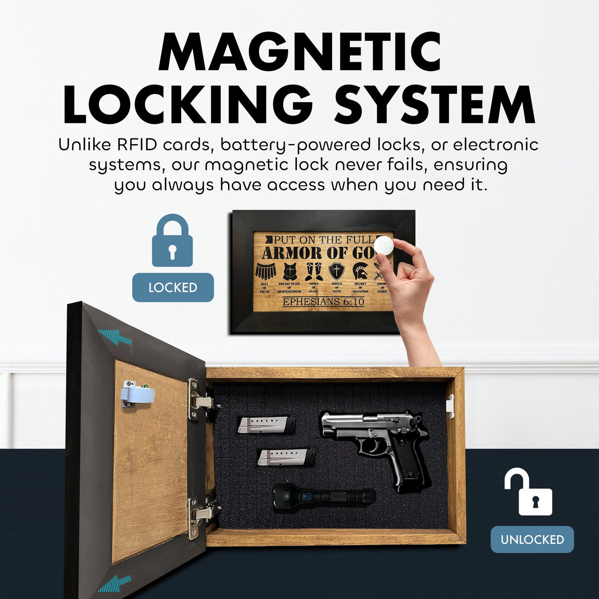 Full Armor of God Wall Gun Safe - Religious Hidden Gun Safe - Handcrafted Concealment Furniture for Guns - Quick Access Firearm Storage with Magnetic Lock - Hidden Shelf Safe by Bellewood Designs Bellewood Designs