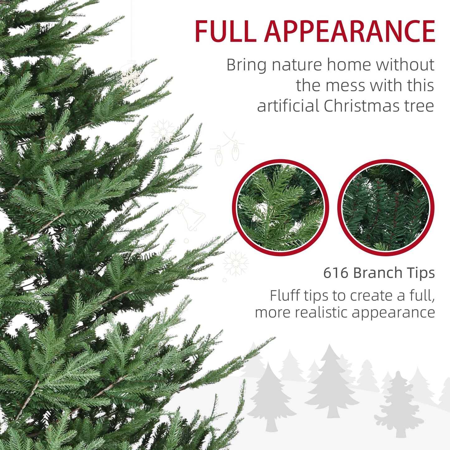 HOMCOM 9 Foot Artificial Christmas Tree, Pine Hinged Xmas Tree with 1939 Realistic Branches, Steel Base, Auto Open, Green