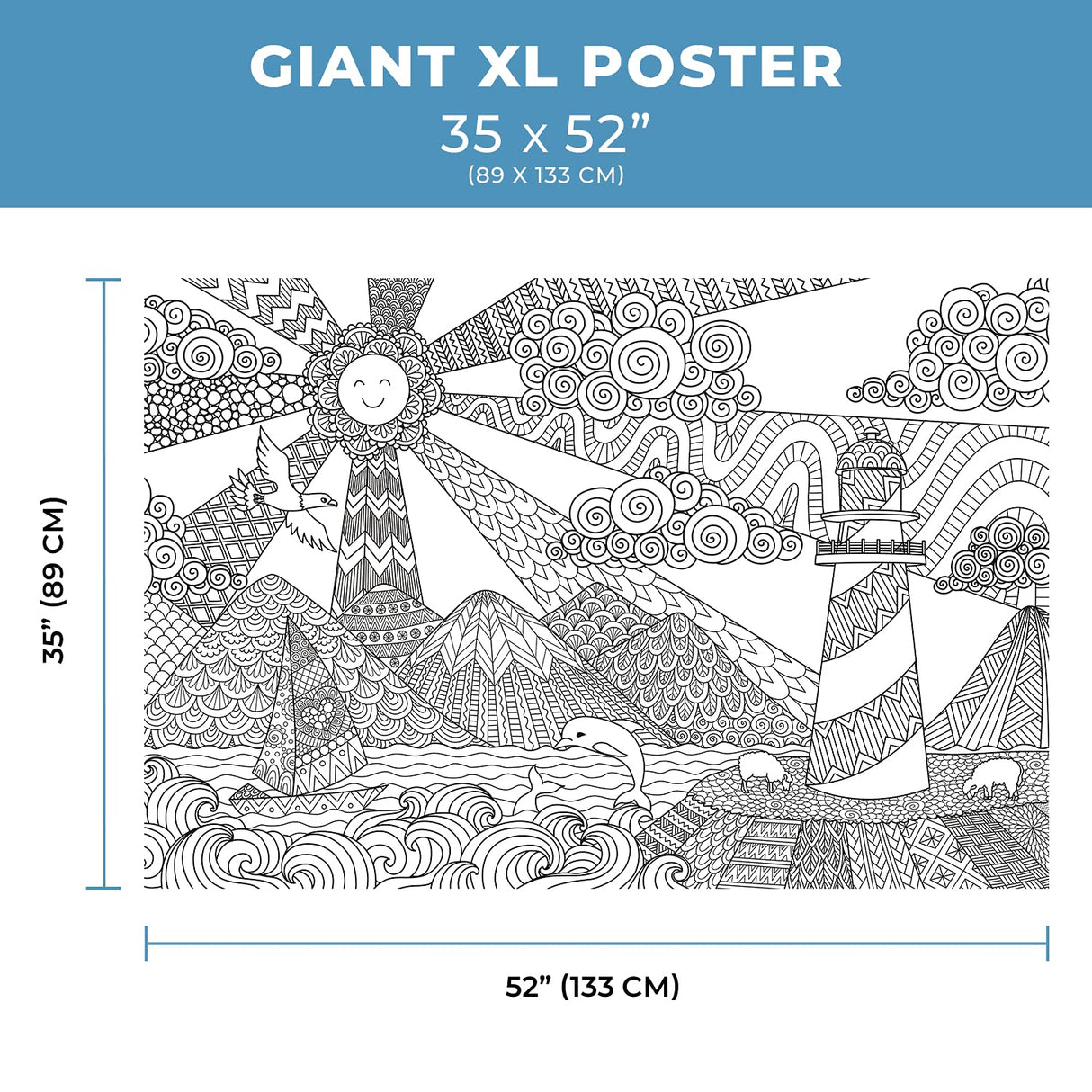 Dekali Designs Seascape Extra Large Coloring Poster for Adults - 35 x 52 Inches Giant Sized on Thick Premium Drawing Paper Dekali Designs