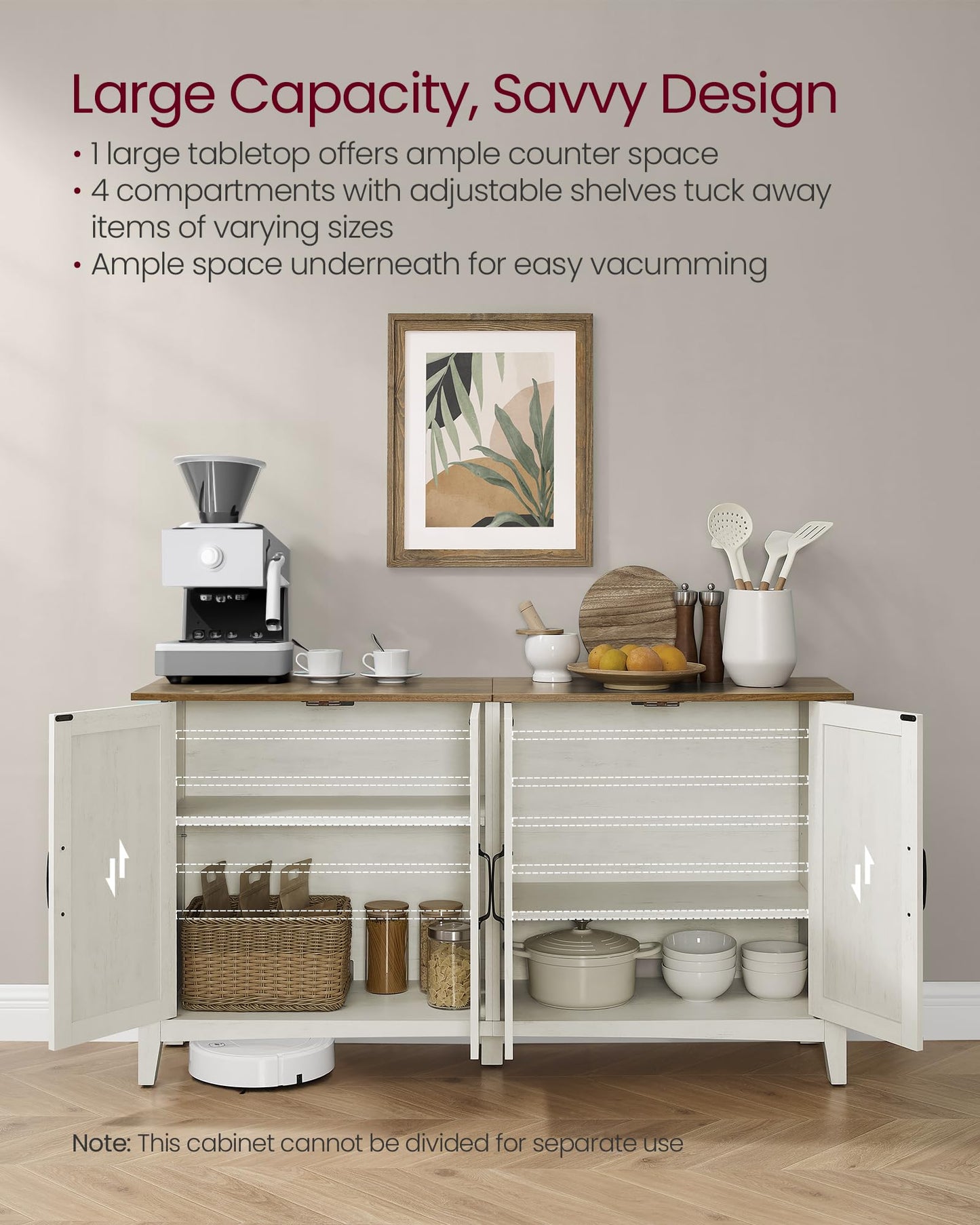 VASAGLE Storage Cabinet, Buffet Cabinet, Sideboard, Credenza, with Adjustable Shelves, for Living Room, Entryway, Rustic White and Honey Brown ULSC381W01