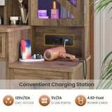 AOGLLATI Farmhouse Vanity Desk with Mirror and Lights, Makeup Vanity Set with Lights & Jewelry Cabinet & 5 Drawers, Vanity Table with Charging Station, Hidden Storage Space for Bedroom, Brown AOGLLATI