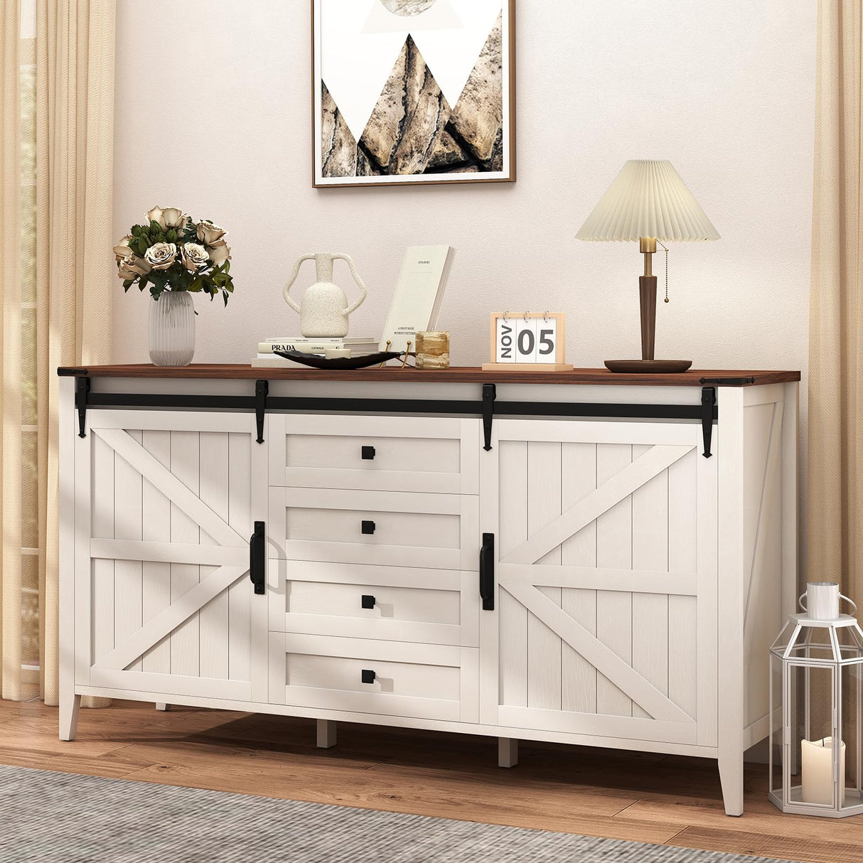 GlouMod 60" Farmhouse Buffet Cabinet with Storage, Sideboard with Shelves and Sliding Barn Door, Neoclassical White Dresser for Bedroom, Coffee Bar Cabinet for Kitchen, Living Room GlouMod