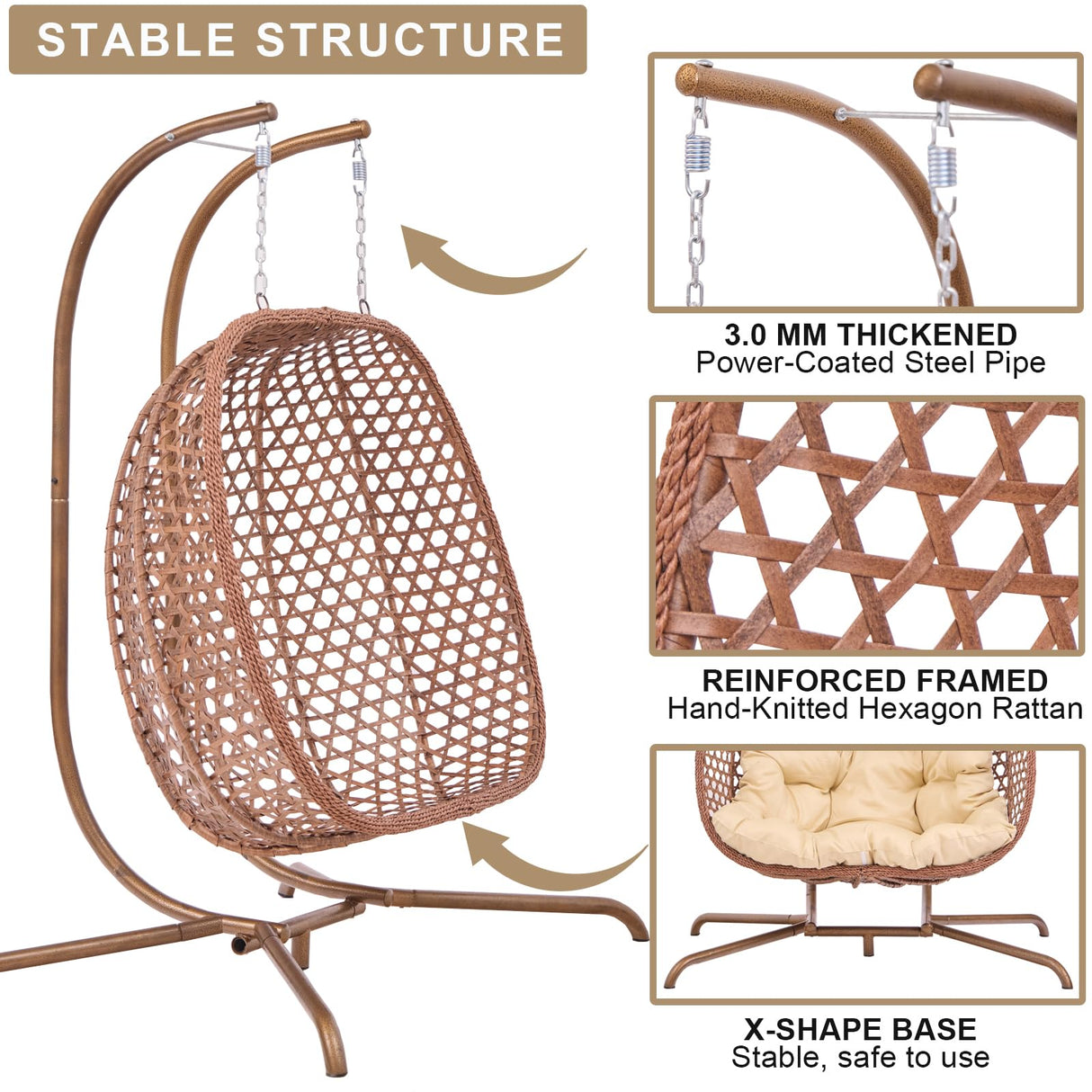 Double Swing Egg Chair with Stand, Foldable Wicker Hanging Swing for Outdoor Garden Patio, 2 Person Egg Chair Loveseat with Removable Cushions (Beige) iJLTMUU