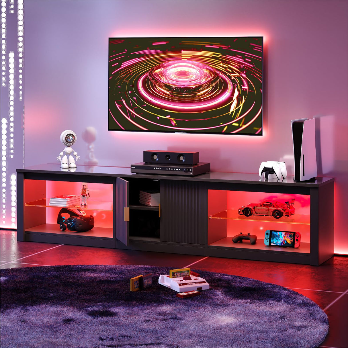 Bestier 80 Inch TV Stand for 75/85/90 inch TVs, LED Gaming Entertainment Center with Storage Cabinet & Adjustable Shelves, Modern High Gloss TV Console Table for Living Room Bedroom, Black Glossy Bestier