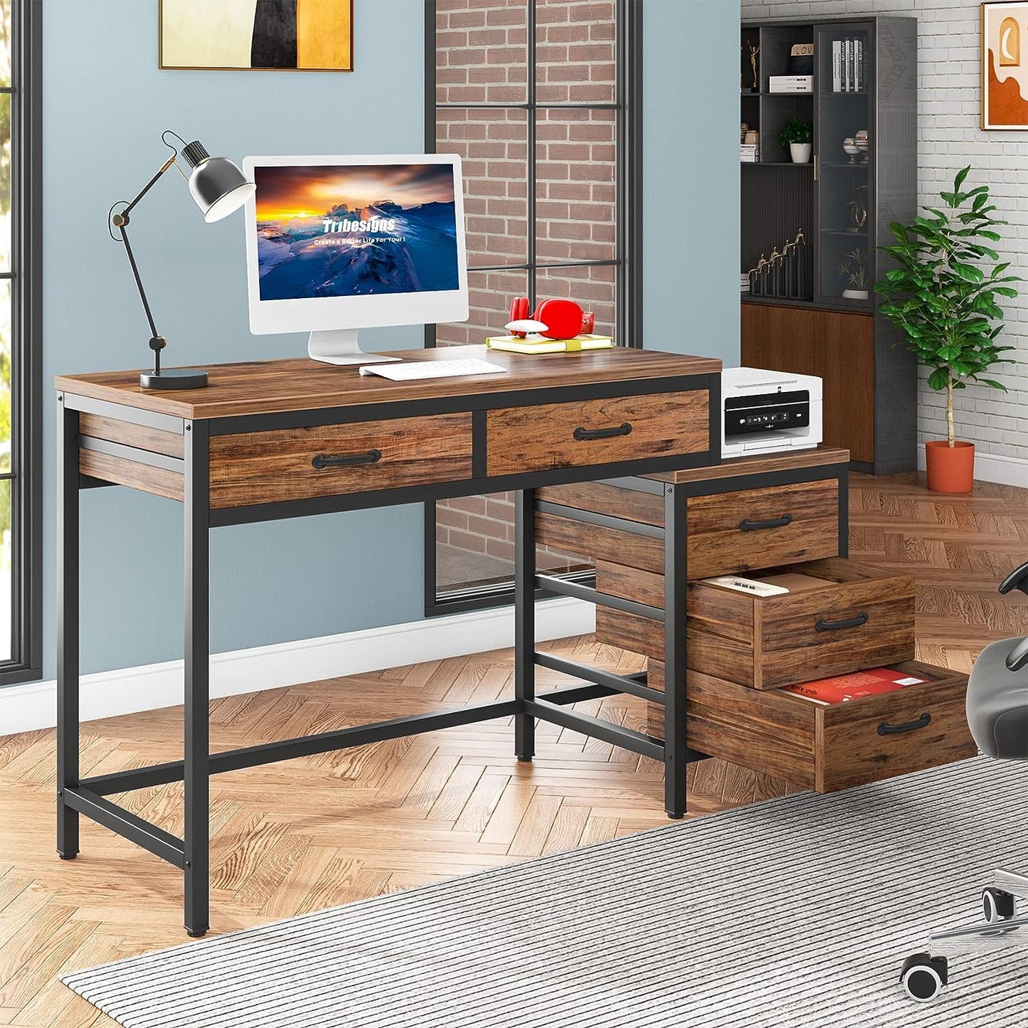 Tribesigns Computer Desk with 5 Drawers, Home Office Desks with Reversible Drawer Cabinet Printer Stand, Industrial PC Desk with Storage, Rustic Study Writing Table Workstation for Small Spac - WoodArtSupply