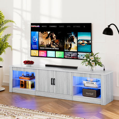 Algglobuy Modern TV Stand for 65 Inch TV with LED Lights, Entertainment Center with Adjustable Tempered Glass Shelves & Power Outlets, Media TV Console Table for Living Room, Bedroom Algglobuy