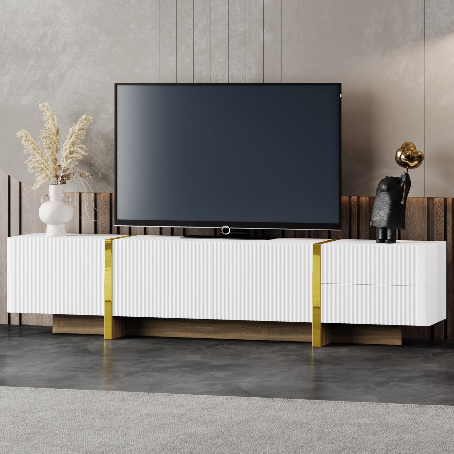 Merax Luxury Fluted TV Stand for Televisions Up to 80'', Modern Entertainment Center with Storage Cabinets & Drawers and Golden Wood Grain Legs, Smooth Media Console, for Living Room, White