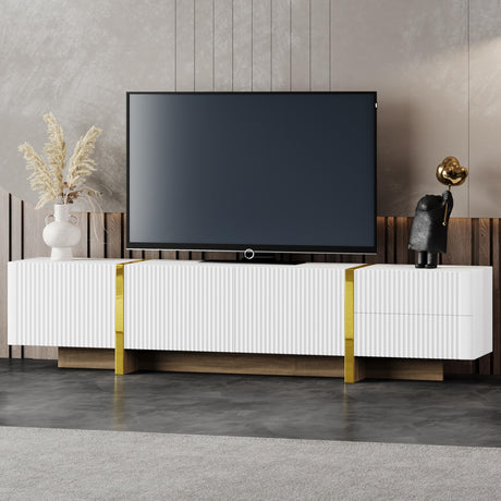 Merax Luxury Fluted TV Stand for Televisions Up to 80'', Modern Entertainment Center with Storage Cabinets & Drawers and Golden Wood Grain Legs, Smooth Media Console, for Living Room, White Merax