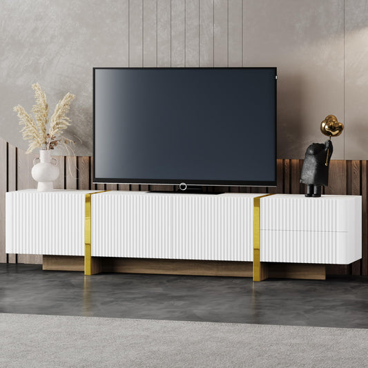 Merax Luxury Fluted TV Stand for Televisions Up to 80'', Modern Entertainment Center with Storage Cabinets & Drawers and Golden Wood Grain Legs, Smooth Media Console, for Living Room, White