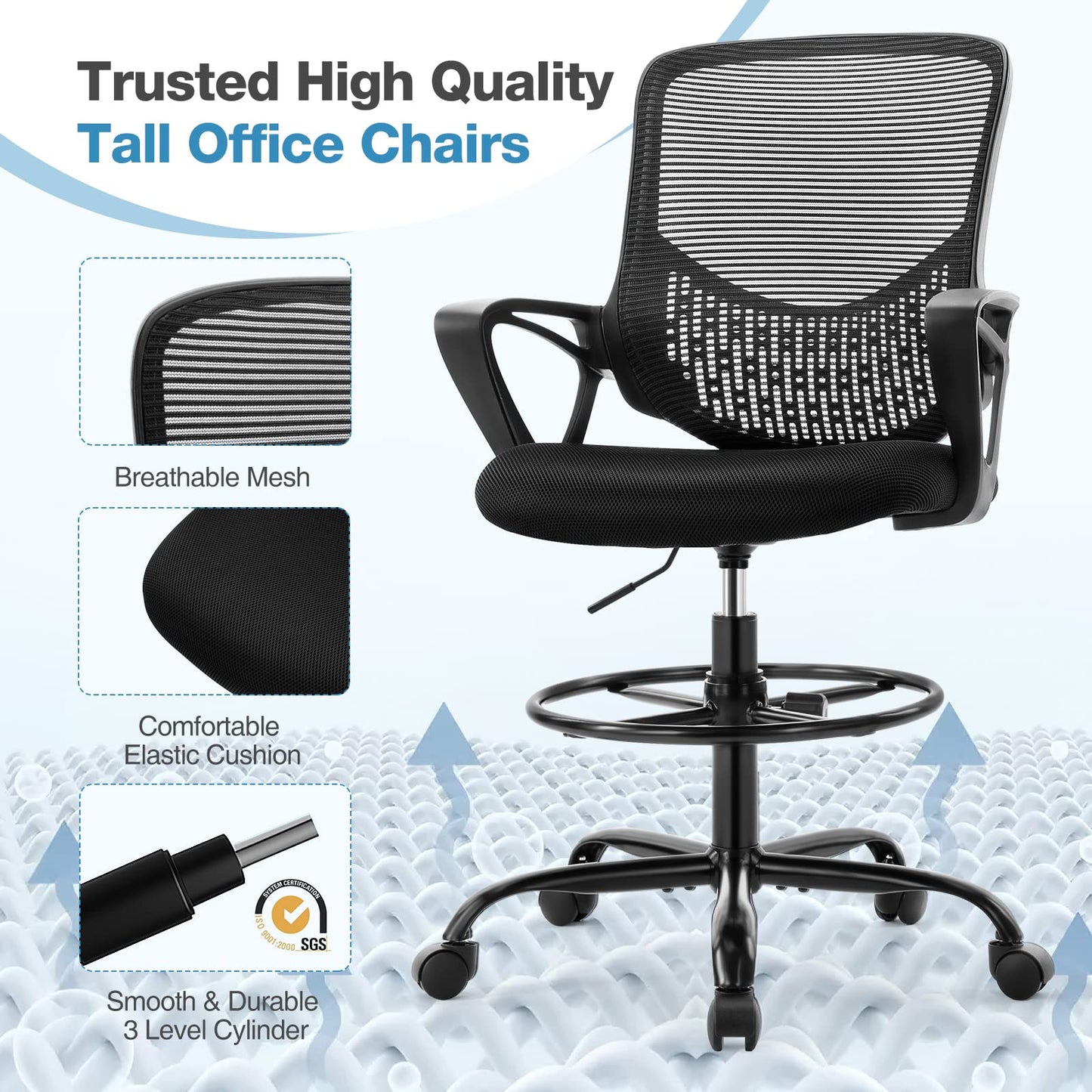 JHK Drafting Home Office Tall Computer Standing Desk Task Chair with Adjustable Foot Ring and Armrest, Breathable Mesh, Ergonomic Lumbar Support, 360° Swivel Rolling for Adult, Black