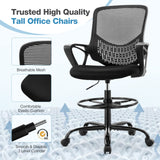 JHK Drafting Home Office Tall Computer Standing Desk Task Chair with Adjustable Foot Ring and Armrest, Breathable Mesh, Ergonomic Lumbar Support, 360° Swivel Rolling for Adult, Black JHK