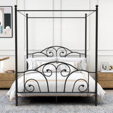AUFANK Queen Size Four-Poster Metal Canopy Bed Frame with Headboard and Footboard Sturdy Slatted Structure No Box Spring Needed Black AUFANK